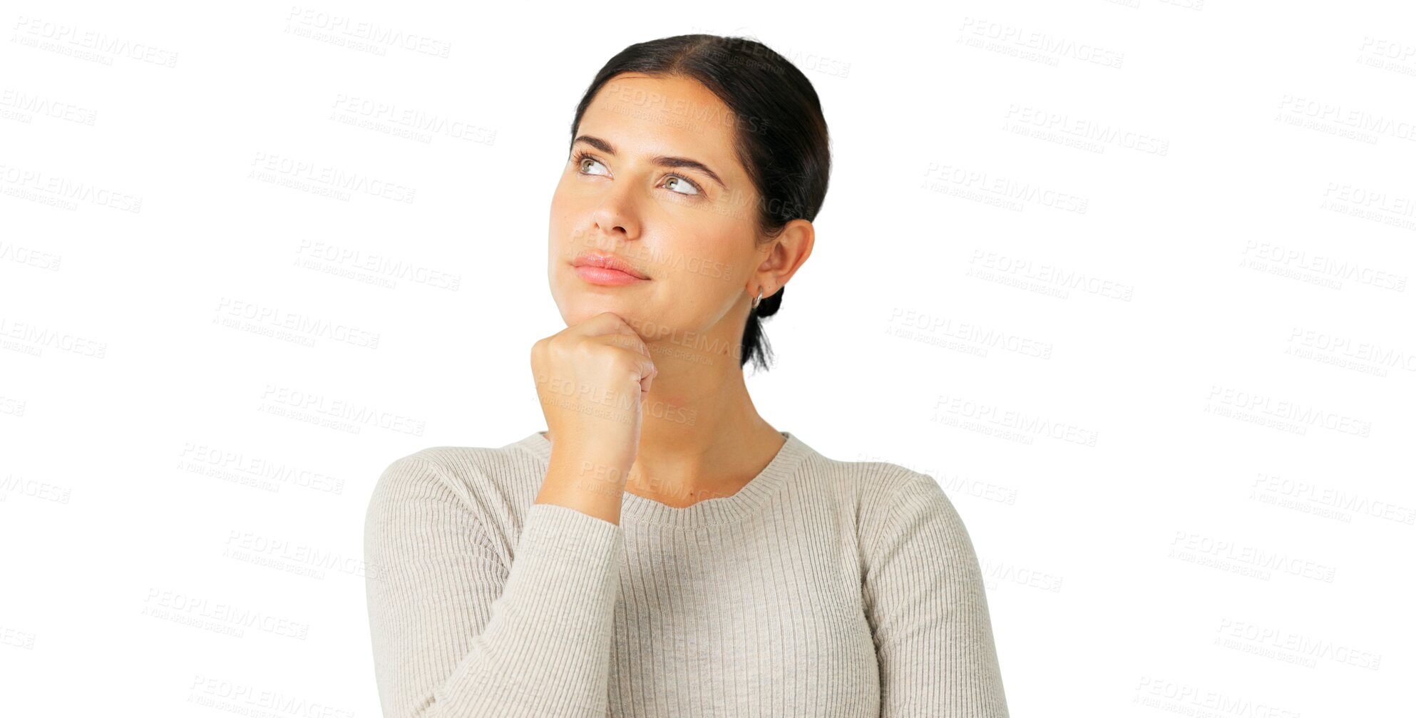 Buy stock photo Thinking, face and idea of a young woman with vision or solution isolated on a transparent, png background. Question, mind and a person with hand on chin for choice, inspiration or problem solving
