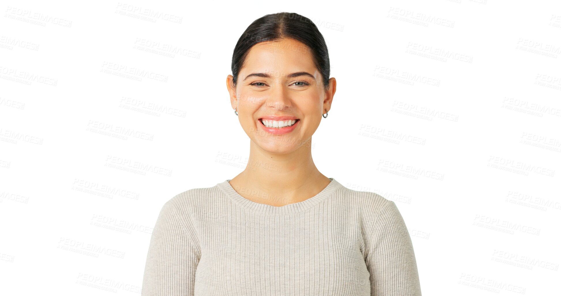 Buy stock photo Happy, face and woman with beauty, happiness and confidence on transparent, isolated and png background. Female model, portrait and smile with pride, good mood from wellness and friendly personality