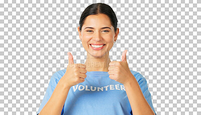 Buy stock photo Thumbs up, portrait of woman and volunteer with smile isolated on a transparent png background. Face, happy and charity person with like hand for feedback, support or agreement, motivation or success