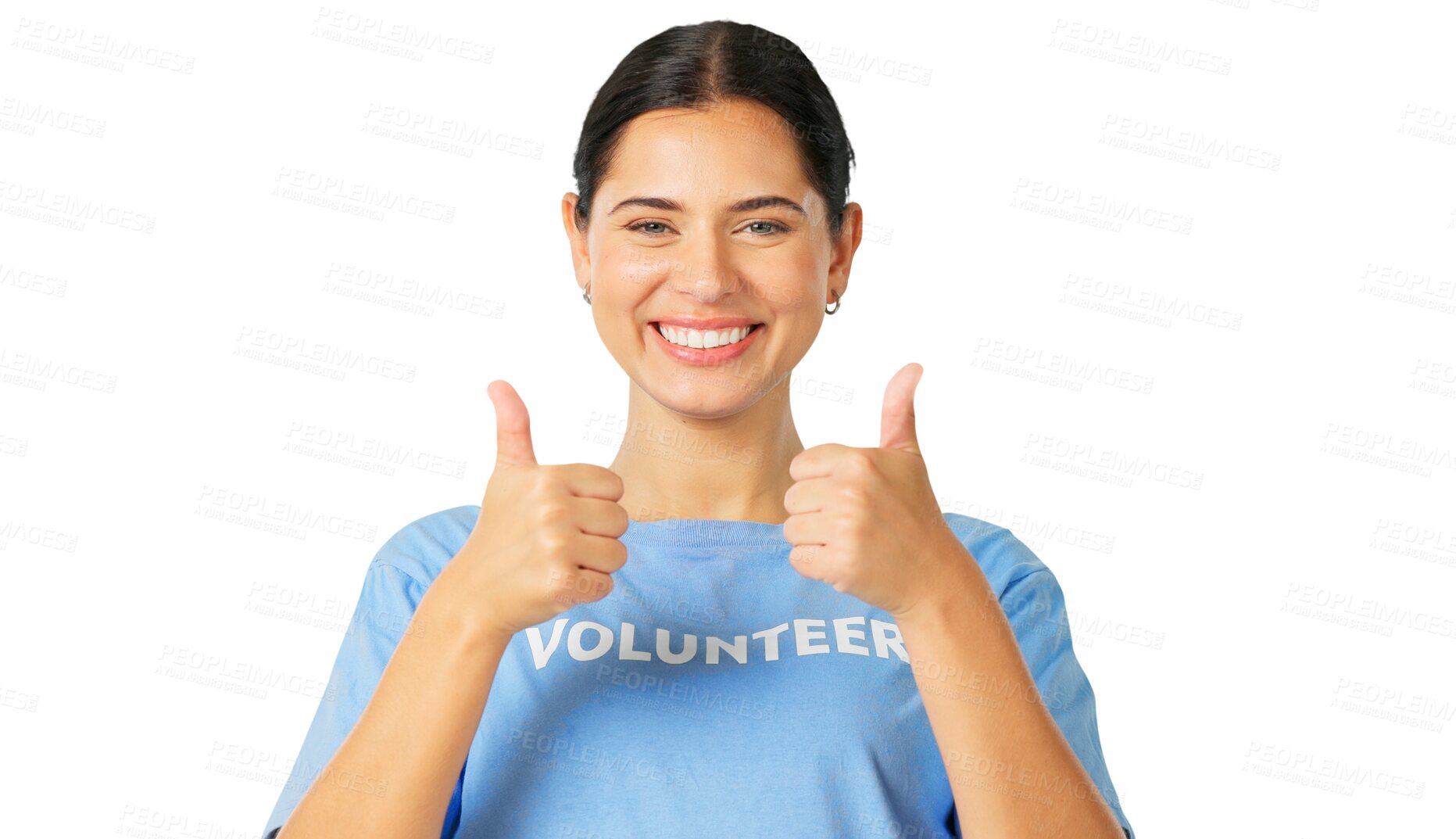 Buy stock photo Thumbs up, portrait of woman and volunteer with smile isolated on a transparent png background. Face, happy and charity person with like hand for feedback, support or agreement, motivation or success