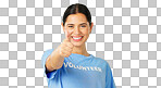 Happy woman, volunteer and hand in thumbs up on green screen for agreement or success against a studio background. Portrait of female showing thumb emoji, yes sign or like for good job on mockup