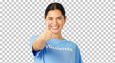 Buy stock photo Portrait of woman, thumbs up and volunteer happy isolated on a transparent png background. Face, smile and charity person with like hand sign for feedback, support or agreement, motivation or success