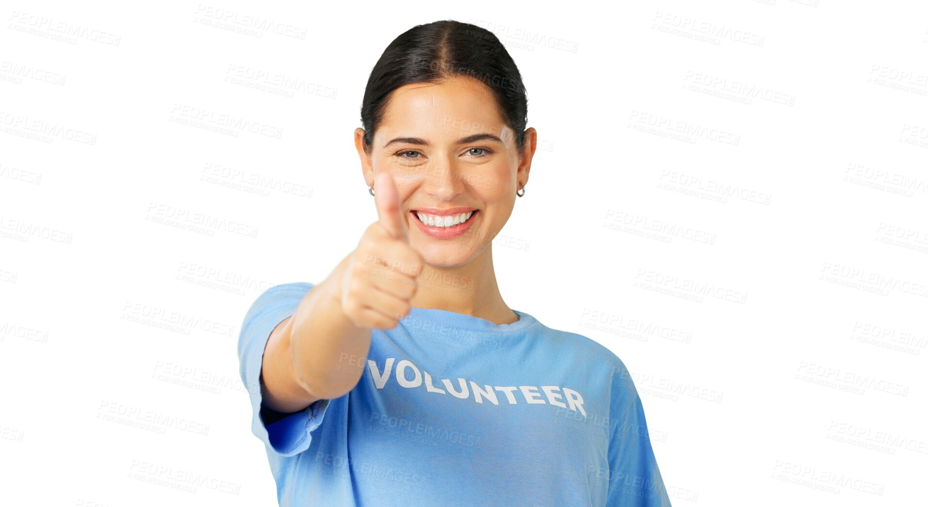 Buy stock photo Portrait of woman, thumbs up and volunteer happy isolated on a transparent png background. Face, smile and charity person with like hand sign for feedback, support or agreement, motivation or success