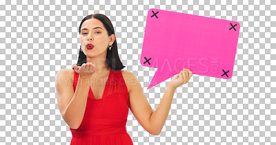 Buy stock photo Isolated woman, speech bubble and blow kiss in portrait, beauty and mockup space by transparent png background. Girl, model and romance with poster, billboard or valentines day promo for social media