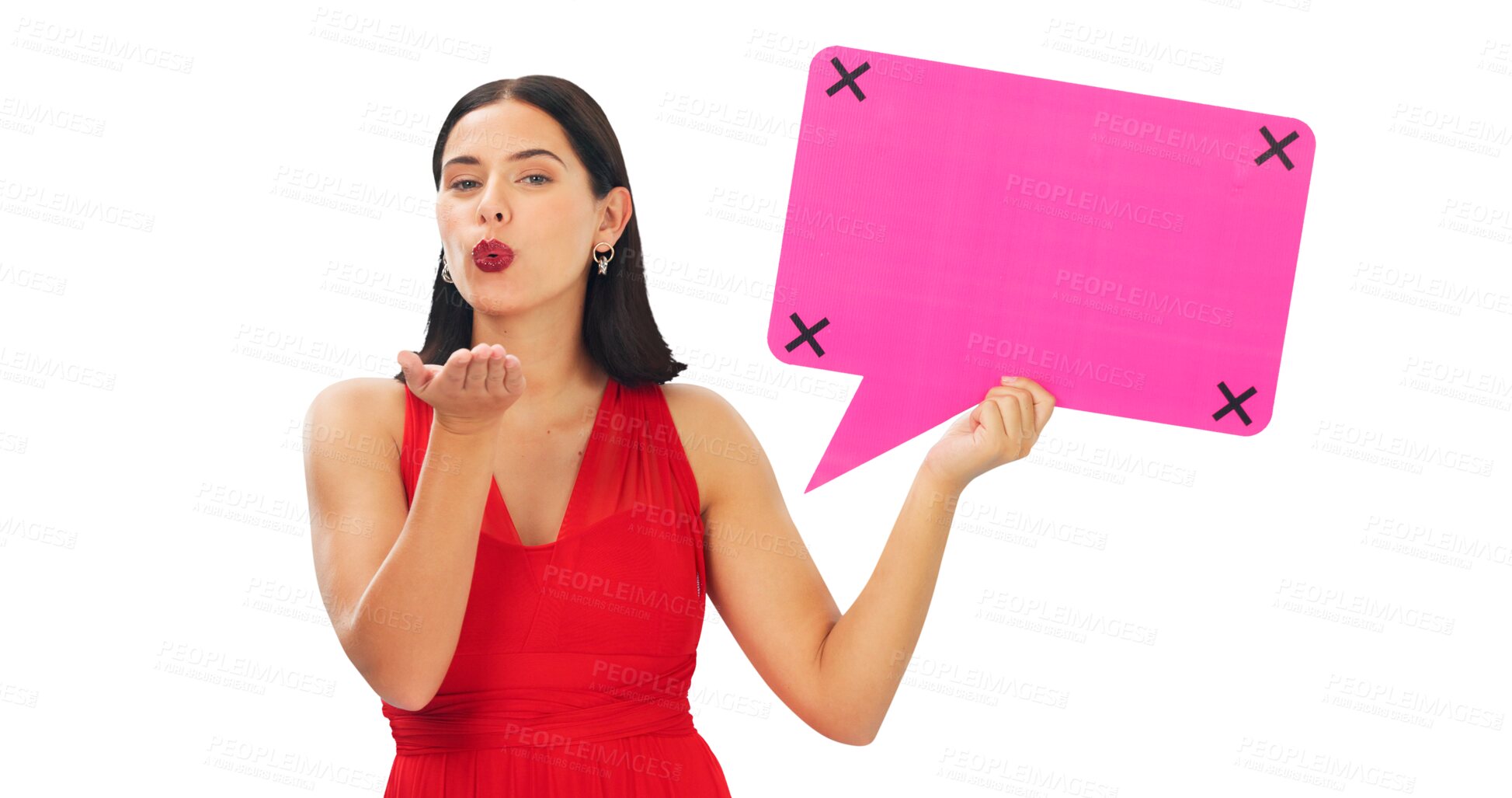 Buy stock photo Isolated woman, speech bubble and blow kiss in portrait, beauty and mockup space by transparent png background. Girl, model and romance with poster, billboard or valentines day promo for social media