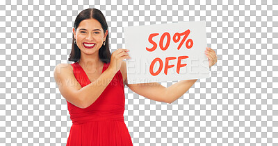 Sale sign, portrait and woman in studio advertising percentage or discount rate on paper or banner. Smile of a happy female on a blue background for fashion promotion deal, savings or deal and offer