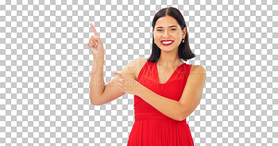 Buy stock photo Woman, portrait and pointing to advertising, presentation and news isolated on transparent png background. Happy model in red dress show promotion of deal, sales announcement and offer coming soon 