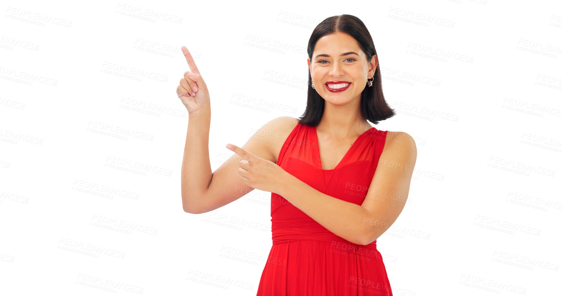 Buy stock photo Woman, portrait and pointing to advertising, presentation and news isolated on transparent png background. Happy model in red dress show promotion of deal, sales announcement and offer coming soon 