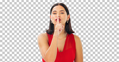 Finger, lips and face of happy woman on blue background, studio and privacy news. Portrait of female model, smile and silence of noise, shush and hands on mouth in secret, quiet announcement or emoji