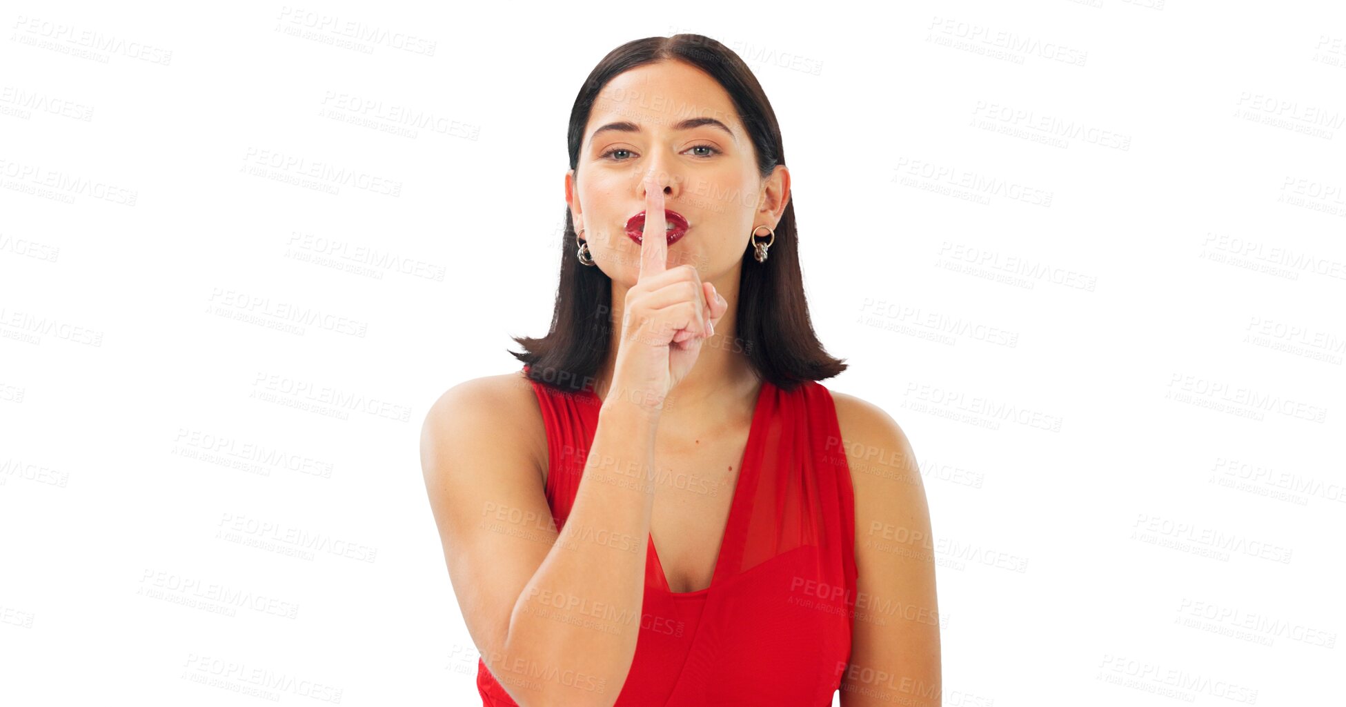 Buy stock photo Secret, portrait and woman with finger on lips isolated on a transparent png background for privacy, quiet and news. Female model, face and silence for gossip, whisper emoji and confidential surprise