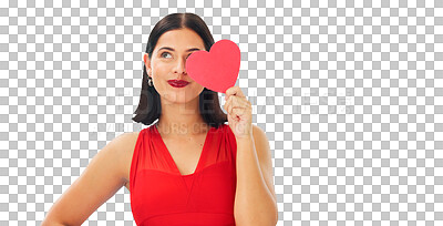 Paper heart, happy woman and face on blue background, studio and backdrop. Portrait of female model in red dress with shape of love, trust and romance for valentines day, flirting and elegant smile