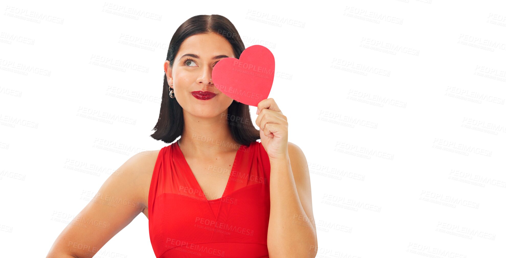 Buy stock photo Woman, red paper heart and thinking of love, support and isolated on a transparent png background. Face of happy female model with emoji sign, shape and icon for romance, kindness and valentines day