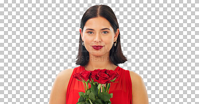 Bouquet of flowers, happy woman and face in studio, blue background and color backdrop. Portrait female model, roses and smile for floral gift of love, celebration and romantic care on valentines day