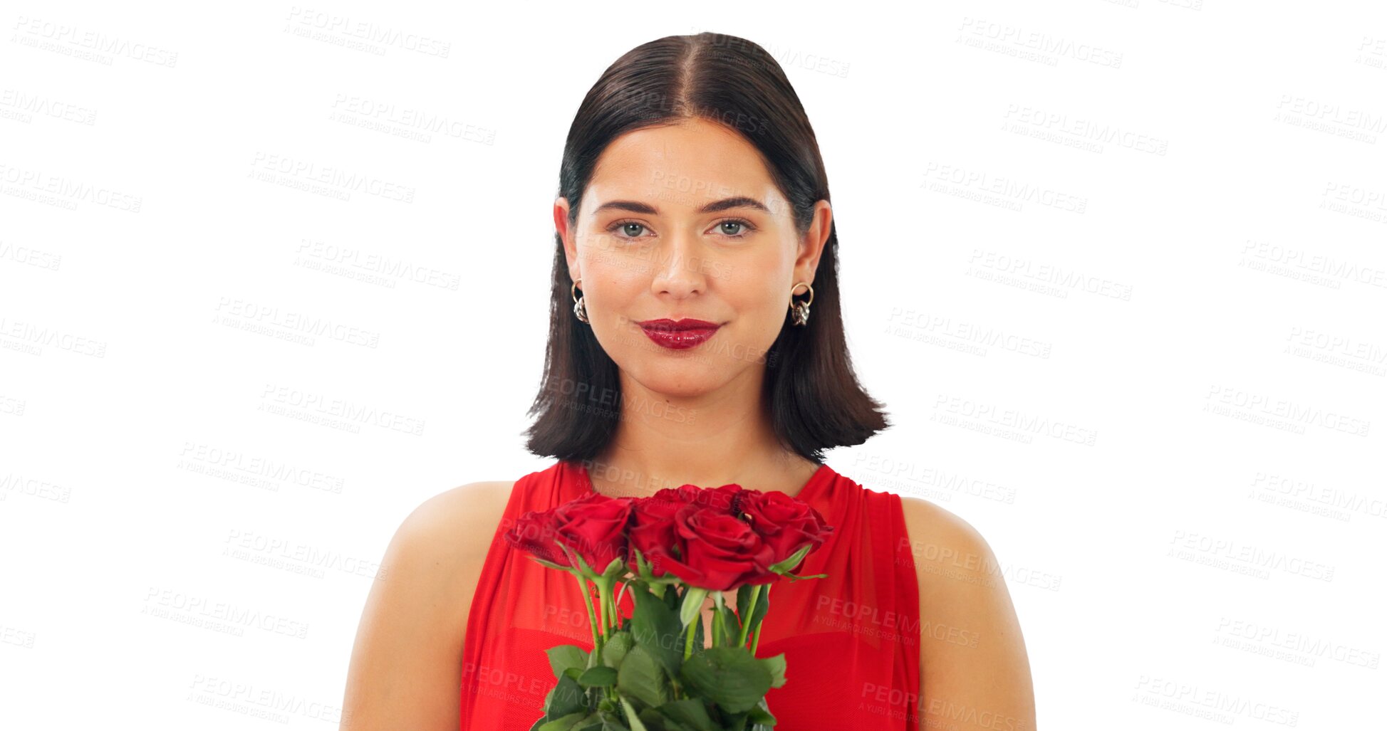 Buy stock photo Woman, beauty and portrait with a bouquet of roses with a smile on face of girl with makeup on transparent, isolated or png background. Red, flowers and floral gift of love, romance or valentines day