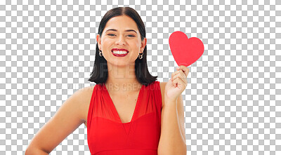 Buy stock photo Woman, red paper heart and portrait for love, support and isolated on a transparent png background. Face of happy female model with emoji sign, shape and icon for romance, kindness and valentines day