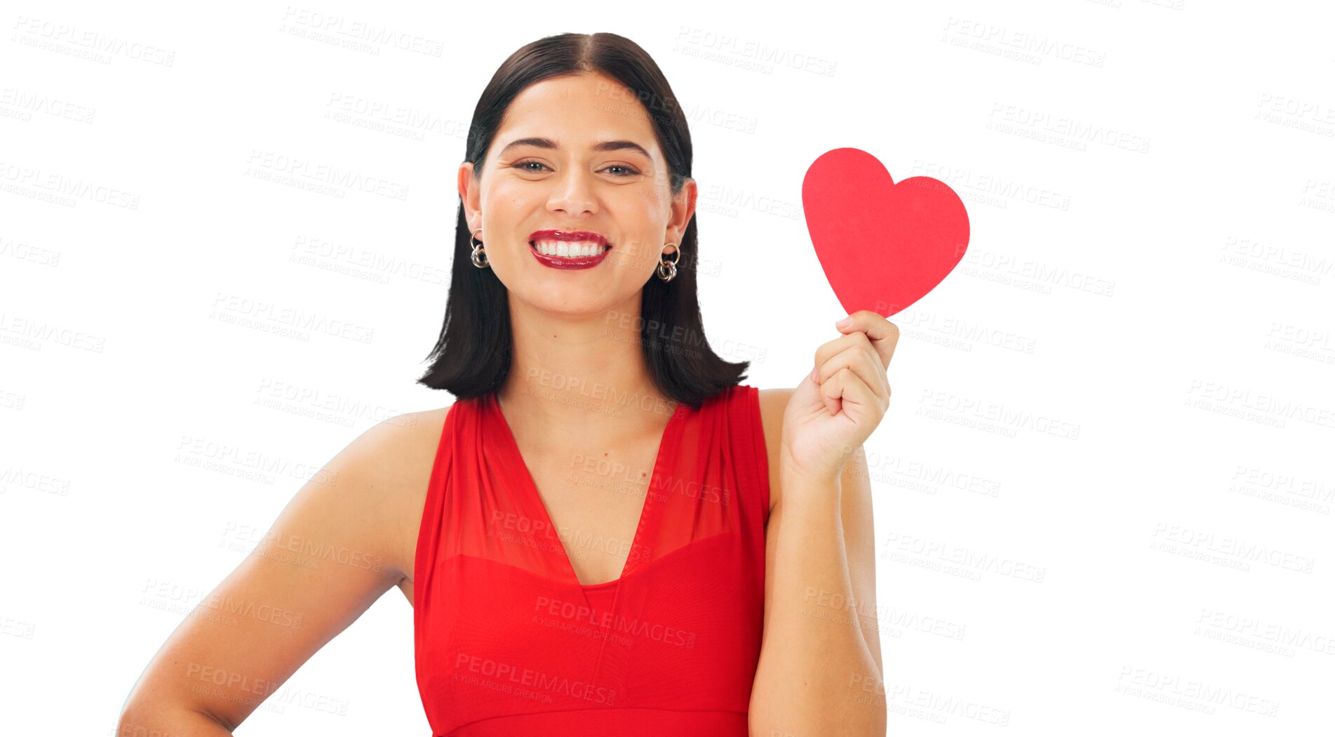 Buy stock photo Woman, red paper heart and portrait for love, support and isolated on a transparent png background. Face of happy female model with emoji sign, shape and icon for romance, kindness and valentines day