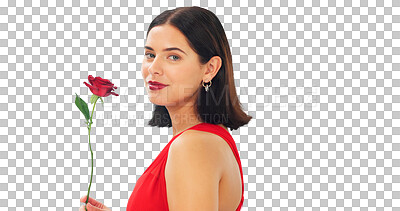 Face, rose and woman in studio on blue background with fresh, floral or romantic gesture on mockup. Portrait, flower and female with gift, present and romance, valentines or caring offering isolated