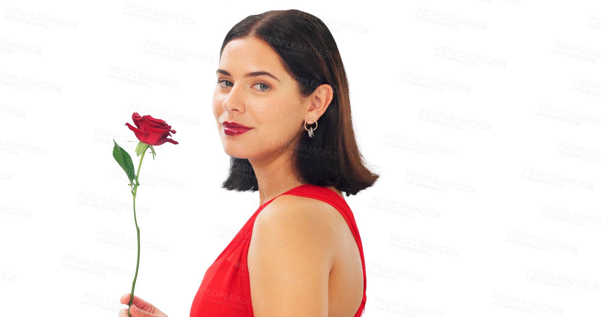 Buy stock photo Love, rose and portrait of a woman for valentines day with fresh, floral or romantic gesture. Red, flower and female person with gift or present for date isolated on a transparent, png background