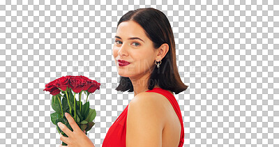 Buy stock photo Red, woman and portrait with a bouquet of roses and smile for valentines day on transparent, isolated or png background. Date, flowers and girl with floral gift, present of love or romantic makeup