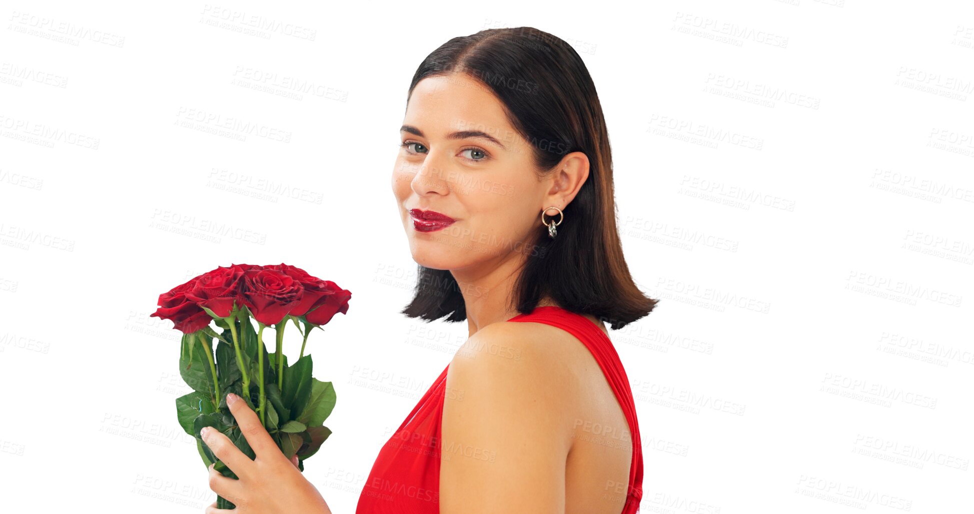 Buy stock photo Red, woman and portrait with a bouquet of roses and smile for valentines day on transparent, isolated or png background. Date, flowers and girl with floral gift, present of love or romantic makeup