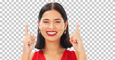 Smile, face and woman on blue background pointing up to news on mockup color studio. Portrait of female model advertising promotion, product placement and presentation of commercial offer coming soon