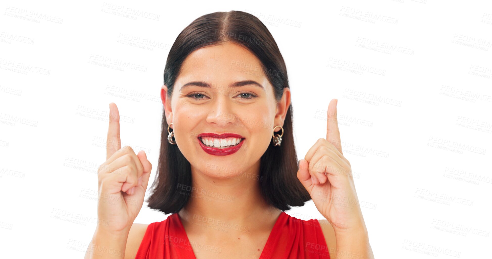 Buy stock photo Portrait, pointing up and woman with a smile, opportunity and model isolated on a transparent background. Face, female person or girl with gesture, offer or presentation with promotion, png or beauty