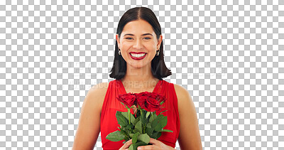 Buy stock photo Date, happy woman and portrait with a bouquet of roses with a smile on face of girl with beauty on transparent, isolated or png background. Red, flowers and floral gift, present of love or romance