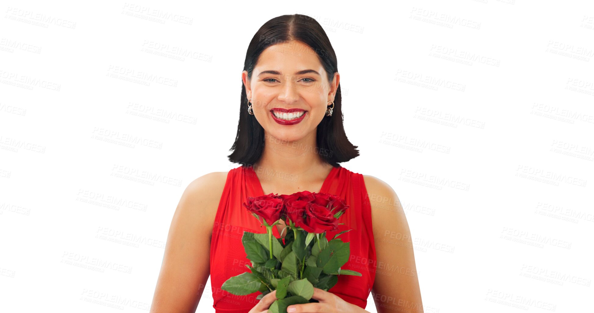 Buy stock photo Date, happy woman and portrait with a bouquet of roses with a smile on face of girl with beauty on transparent, isolated or png background. Red, flowers and floral gift, present of love or romance