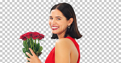 Buy stock photo Date, happy woman and portrait with bouquet of roses and smile for valentines day on transparent, isolated or png background. Red, flowers or face of girl with floral gift, present of love or romance