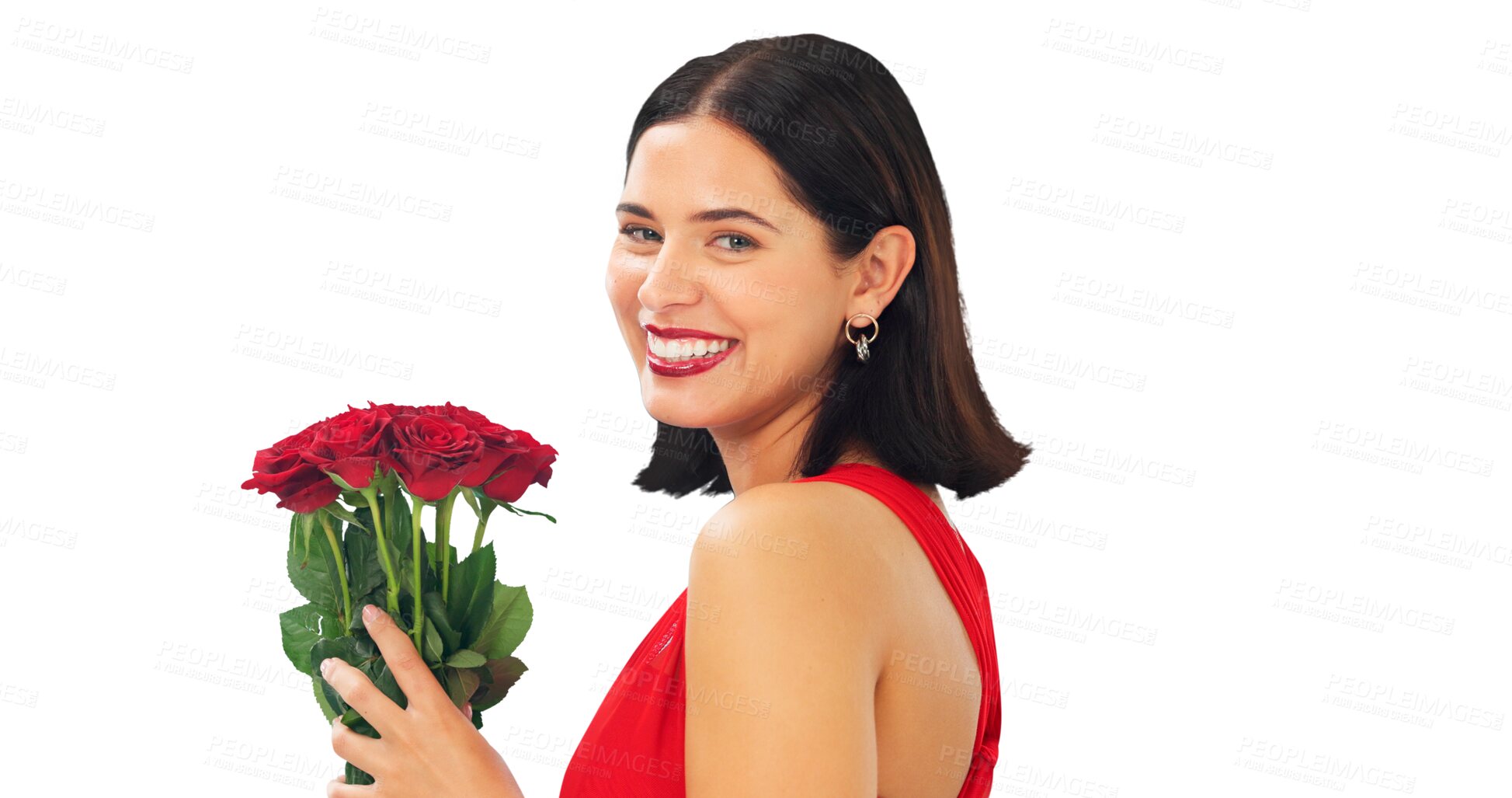 Buy stock photo Date, happy woman and portrait with bouquet of roses and smile for valentines day on transparent, isolated or png background. Red, flowers or face of girl with floral gift, present of love or romance