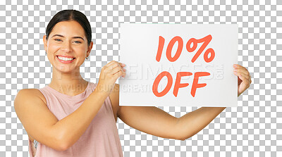 Buy stock photo Sales sign, athlete portrait and happy woman promotion of 10 percent discount, training commercial or fitness ads. Gym membership, price billboard or person show poster on transparent, png background