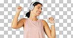 Headphones, happy woman and dancing to music on green screen, studio and backdrop. Dance, female model and listening to audio album, streaming media and sound of radio, subscription podcast or energy