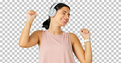 Buy stock photo Music, dance and smile with a woman in headphones isolated on a transparent background for fun. Freedom, energy and a happy young female person streaming audio or listening to the radio on PNG