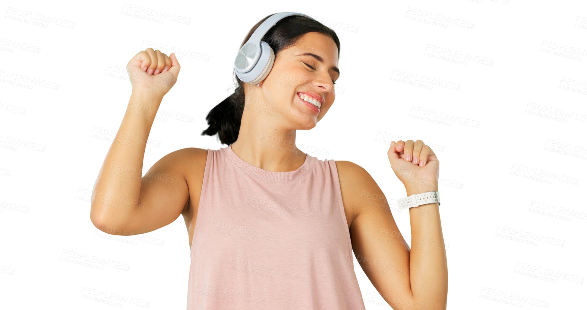 Buy stock photo Music, dance and smile with a woman in headphones isolated on a transparent background for fun. Freedom, energy and a happy young female person streaming audio or listening to the radio on PNG