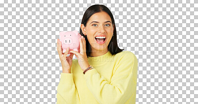 Buy stock photo Portrait, piggy bank and woman with savings, investment and budget isolated on a transparent background. Face, person and model with money, investment and financial payment with png and profit growth