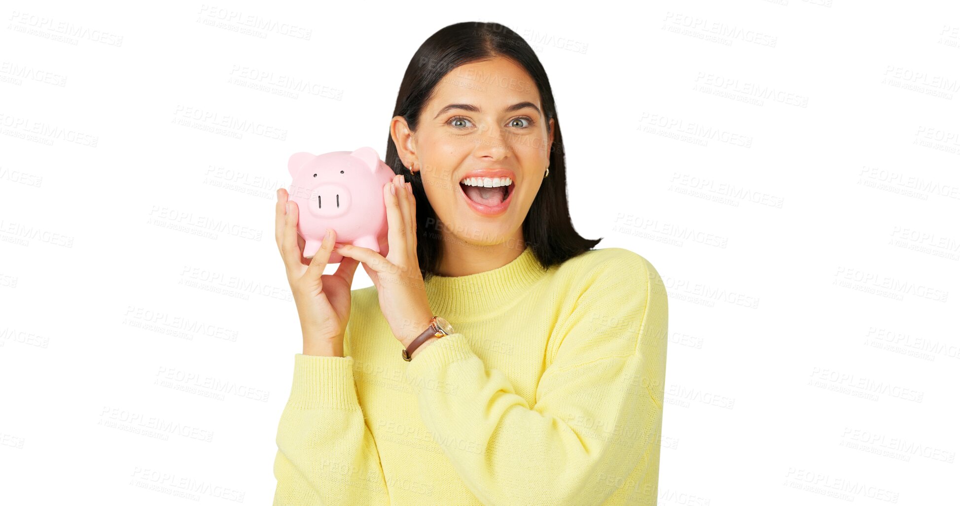 Buy stock photo Portrait, piggy bank and woman with savings, investment and budget isolated on a transparent background. Face, person and model with money, investment and financial payment with png and profit growth