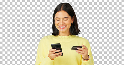 Buy stock photo Happy woman, phone and credit card for online payment, shopping or ecommerce isolated on a transparent PNG background. Excited female person in fintech transaction or banking app on mobile smartphone