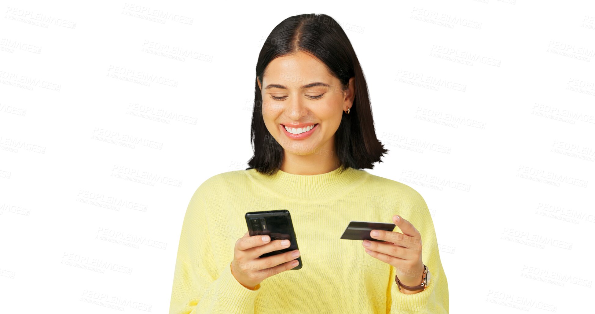 Buy stock photo Happy woman, phone and credit card for online payment, shopping or ecommerce isolated on a transparent PNG background. Excited female person in fintech transaction or banking app on mobile smartphone