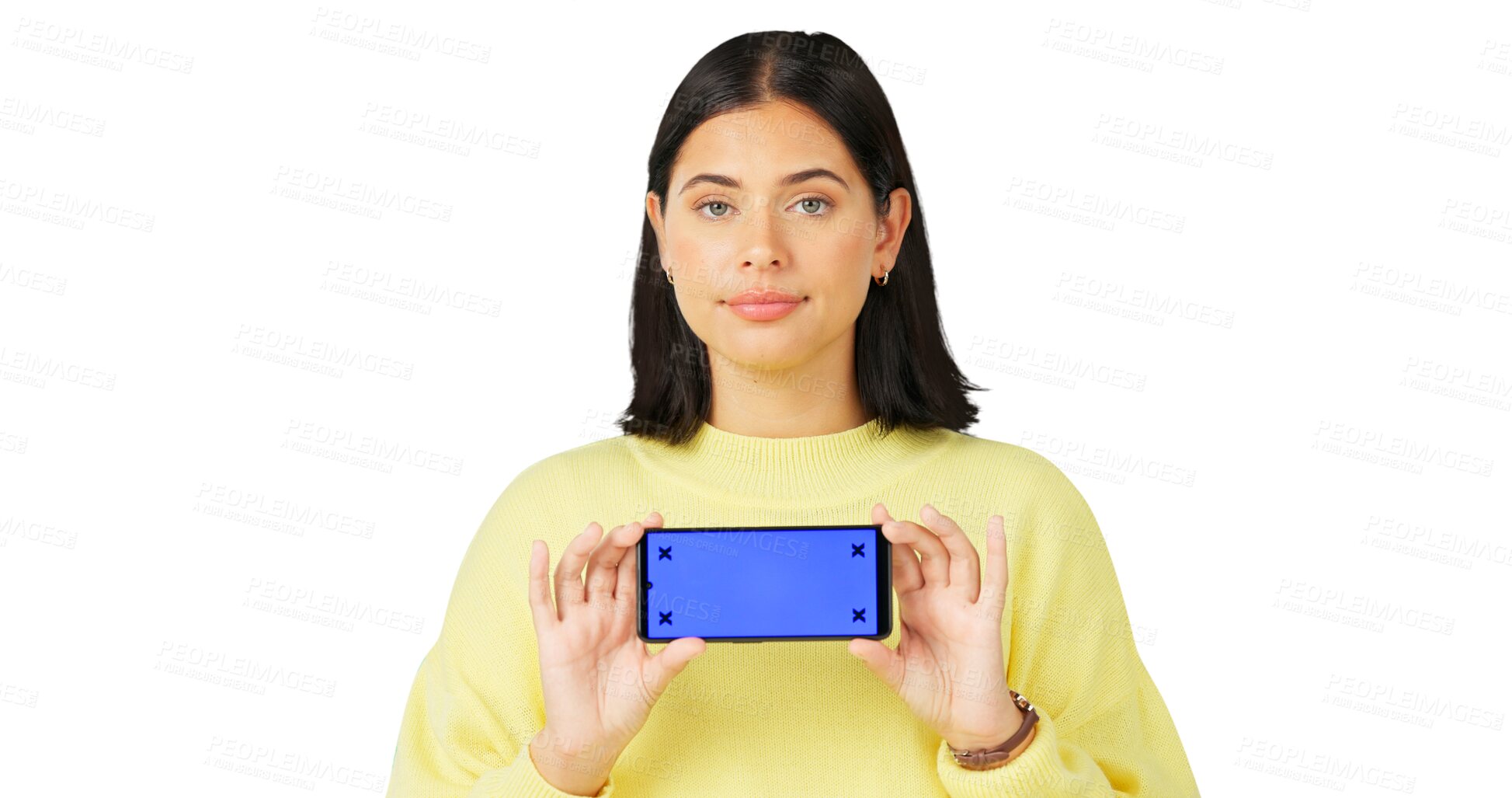 Buy stock photo Isolated woman, phone and green screen in portrait for promotion, app logo and transparent png background. Girl, student and smartphone with ux design, mockup space and branding for social network