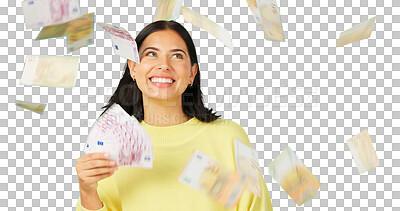 Happy woman, cash and money rain on green screen for winning, prize or lottery against a studio background. Portrait of female winner with smile for financial freedom, wealth or investment on mockup