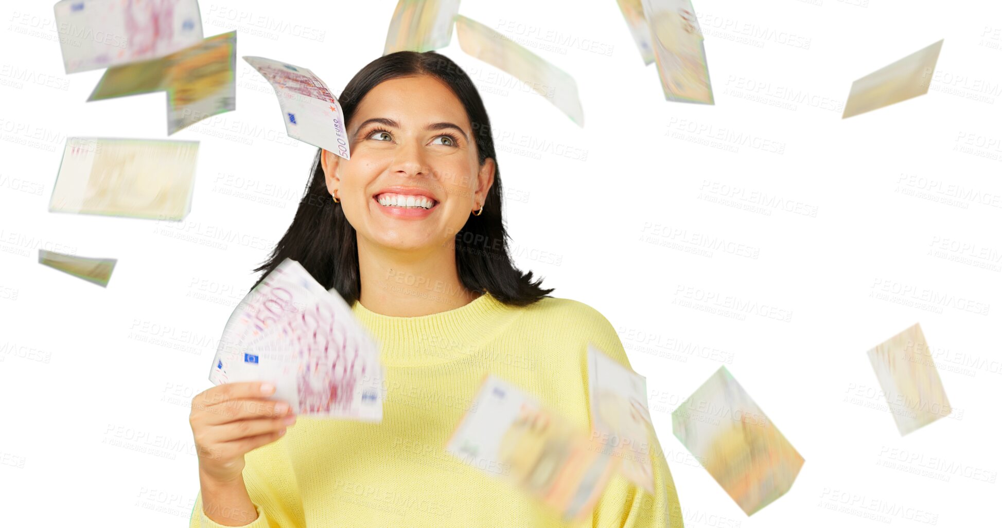 Buy stock photo Happy woman, cash and money rain for winning, lottery or prize isolated on a transparent PNG background. Excited female person in celebration with bank profit, investment or loan in financial freedom