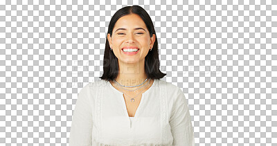 Buy stock photo Happy, portrait and woman with natural beauty, happiness and confidence on transparent, isolated and png background. Female model, face and smile with wellness, good mood and friendly personality