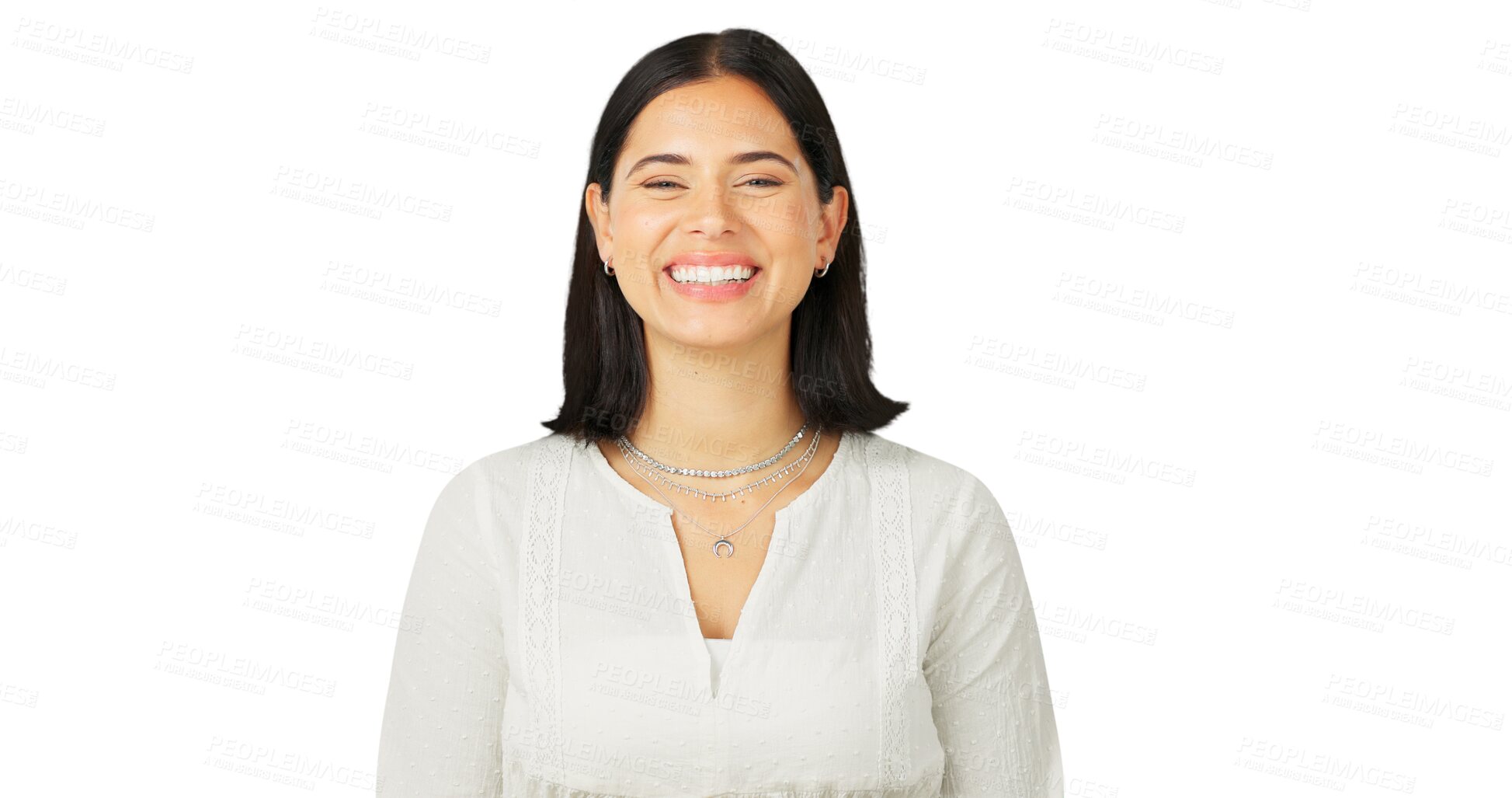 Buy stock photo Happy, portrait and woman with natural beauty, happiness and confidence on transparent, isolated and png background. Female model, face and smile with wellness, good mood and friendly personality