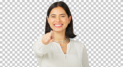 Buy stock photo You, smile and choice with the portrait of a woman excited for an opportunity isolated on a transparent background to vote. Emoji, pointing or selection with a happy young person on PNG for decision