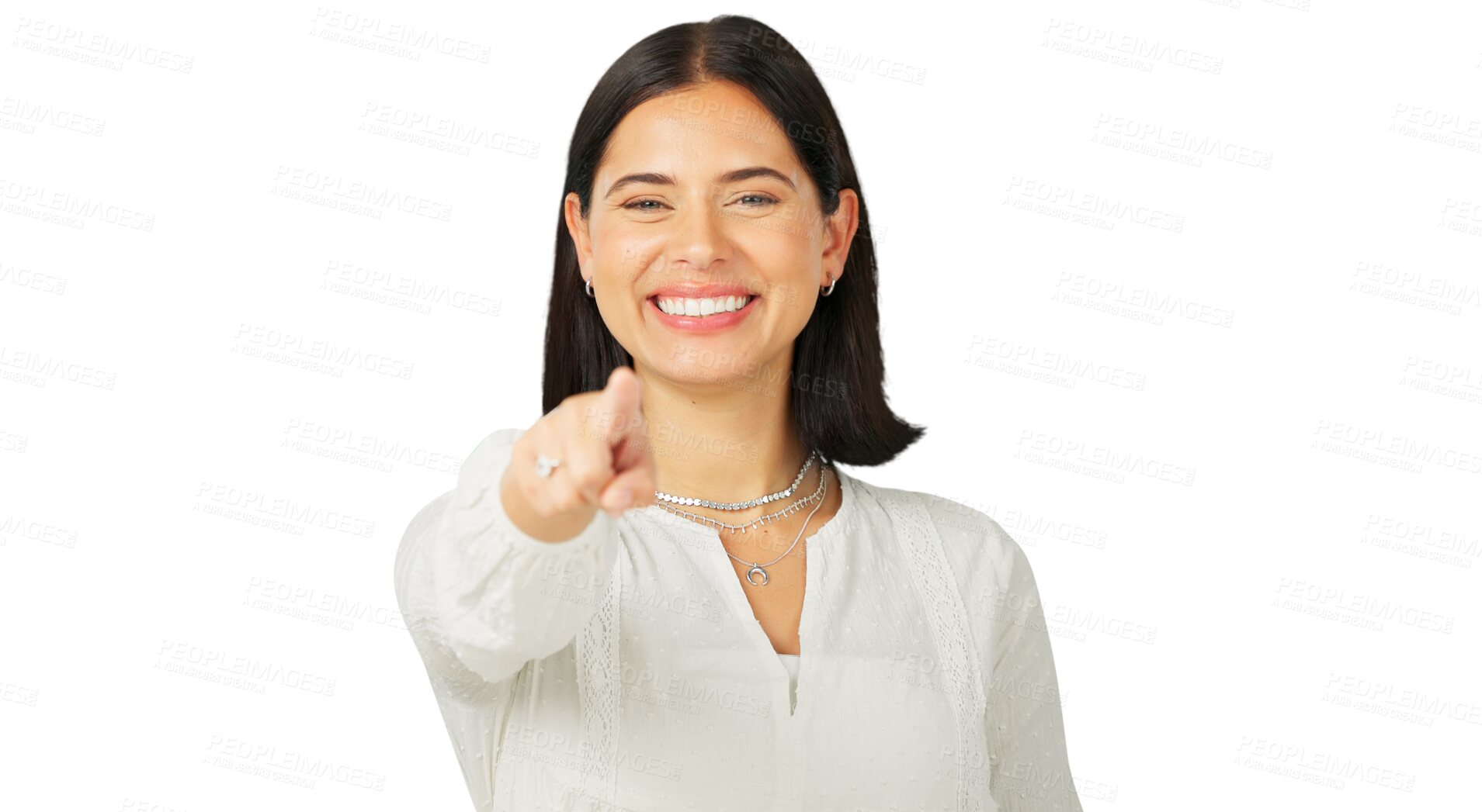 Buy stock photo You, smile and choice with the portrait of a woman excited for an opportunity isolated on a transparent background to vote. Emoji, pointing or selection with a happy young person on PNG for decision