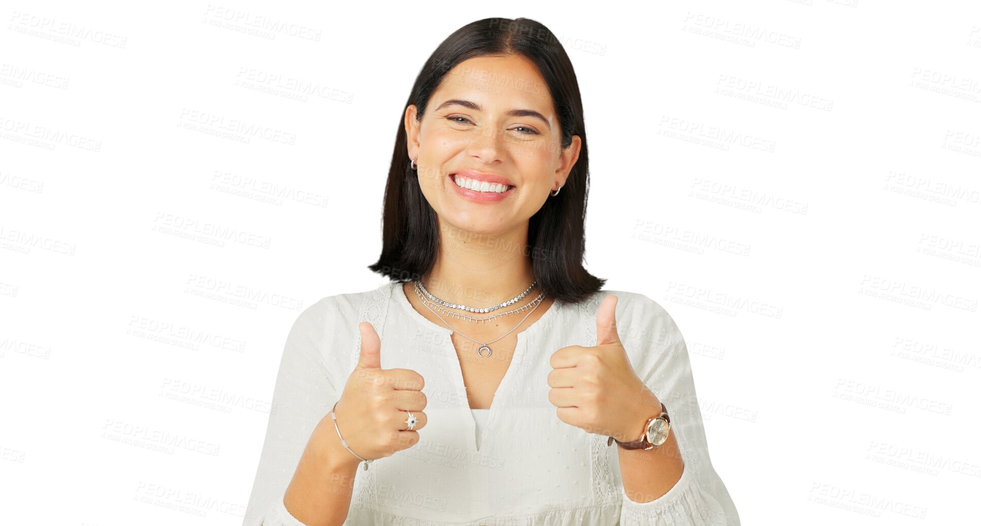 Buy stock photo Thumbs up, success and happy portrait of a woman for support or thank you. Face of a young person show icon emoji for like, agreement and feedback or review isolated on a transparent, png background