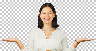 Buy stock photo Portrait, palm and choice with a presentation by a woman isolated on a transparent background for comparison. Hand, product and smile with a happy young female person on PNG for selection or decision