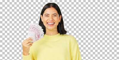 Buy stock photo Happy woman, cash and money fan for winning, lottery or prize isolated on a transparent PNG background. Portrait of excited female person in celebration for profit, investment or financial freedom