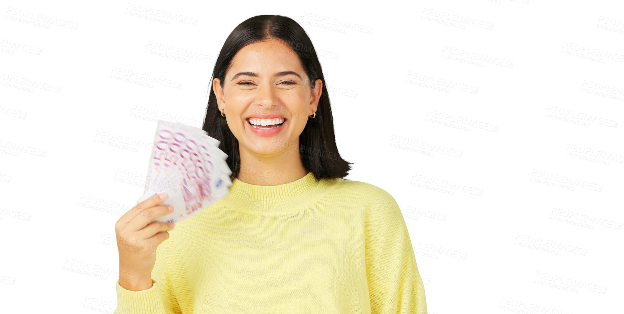 Buy stock photo Happy woman, cash and money fan for winning, lottery or prize isolated on a transparent PNG background. Portrait of excited female person in celebration for profit, investment or financial freedom