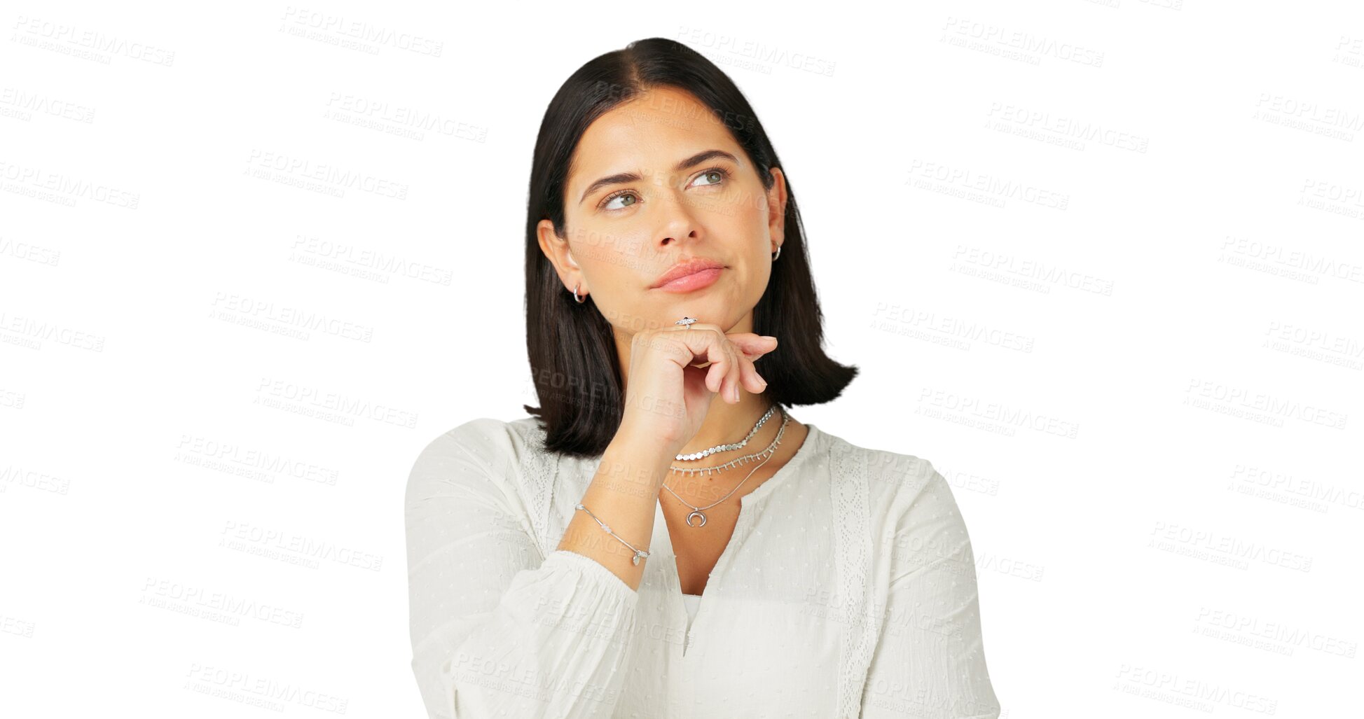 Buy stock photo Thinking, decision and face of a woman with idea, vision or doubt isolated on a transparent, png background. Question, solution and a person with hand on chin for choice, plan or problem solving
